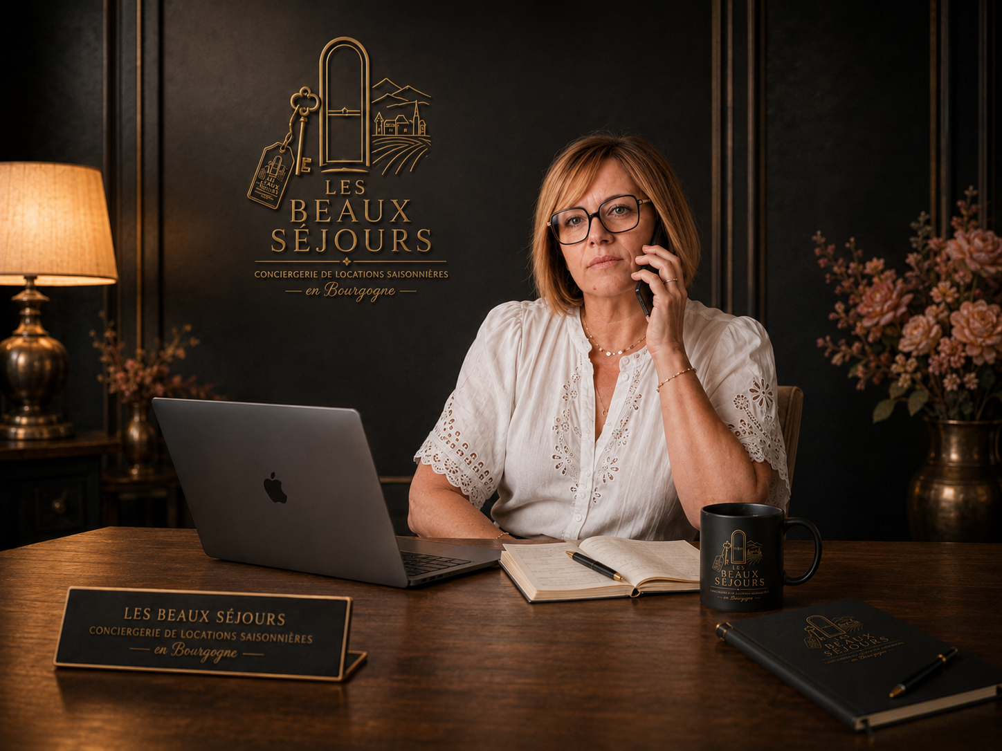 Charline au téléphone dans son bureau Les Beaux Séjours