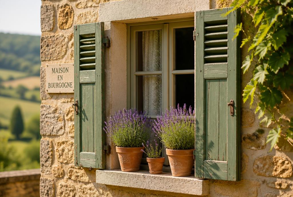 Fenêtre d'une maison en pierre en Bourgogne avec des pots de lavande